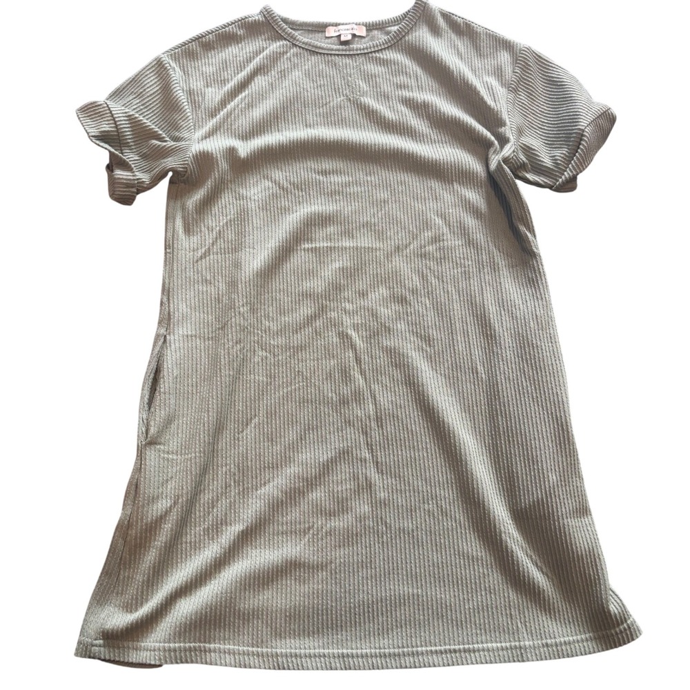 Francescas Sage Green Ribbed Knit T-Shirt Dress Short Sleeve Mini Pockets Medium